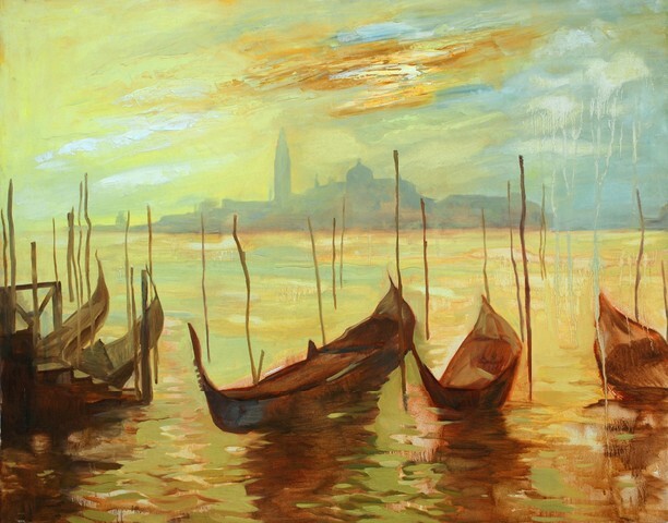 Gondolas on landing stage in venice. painting by oil paints on a canvas, an illustration